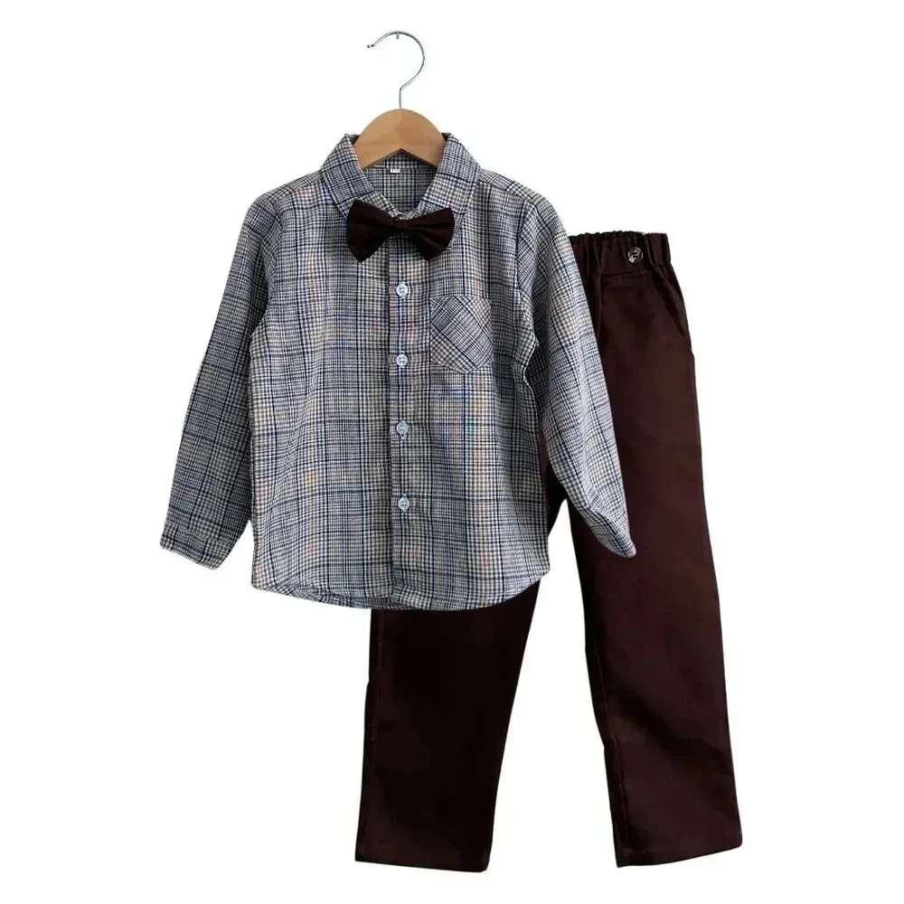 NWT Handsome Boys Dress Shirt, Bow Tie Pants & Suspender Matching Set Brown 6-9M
